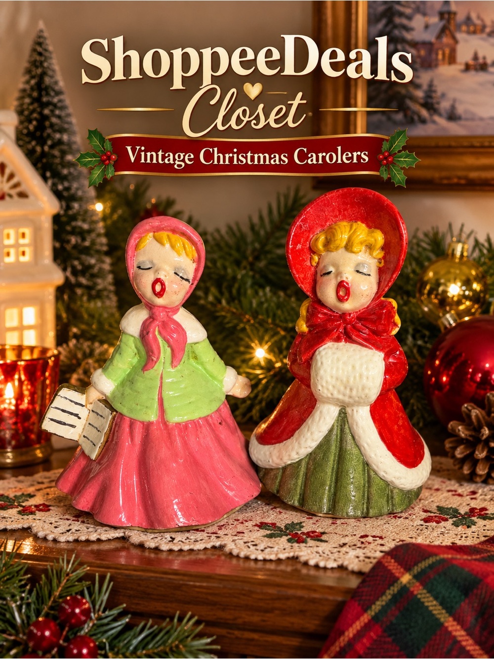 Vintage Christmas Caroler Figurines Pair Hand Painted Ceramic Mid Century Style